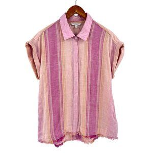 LIVERPOOL Women's Pink Textured Cap Sleeve Button Down Raw Hem Shirt Large